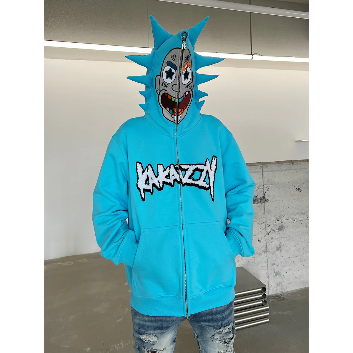 Street style Y2K pattern Full Zip Hoodie Blue-Coordom