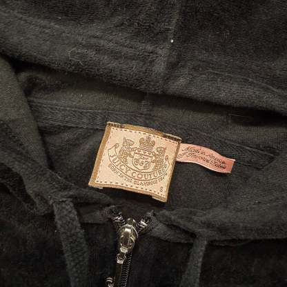 Vintage Juicy Couture Women's Black Velour Zip-Up Hoodie Slash Pockets Size S-Coordom