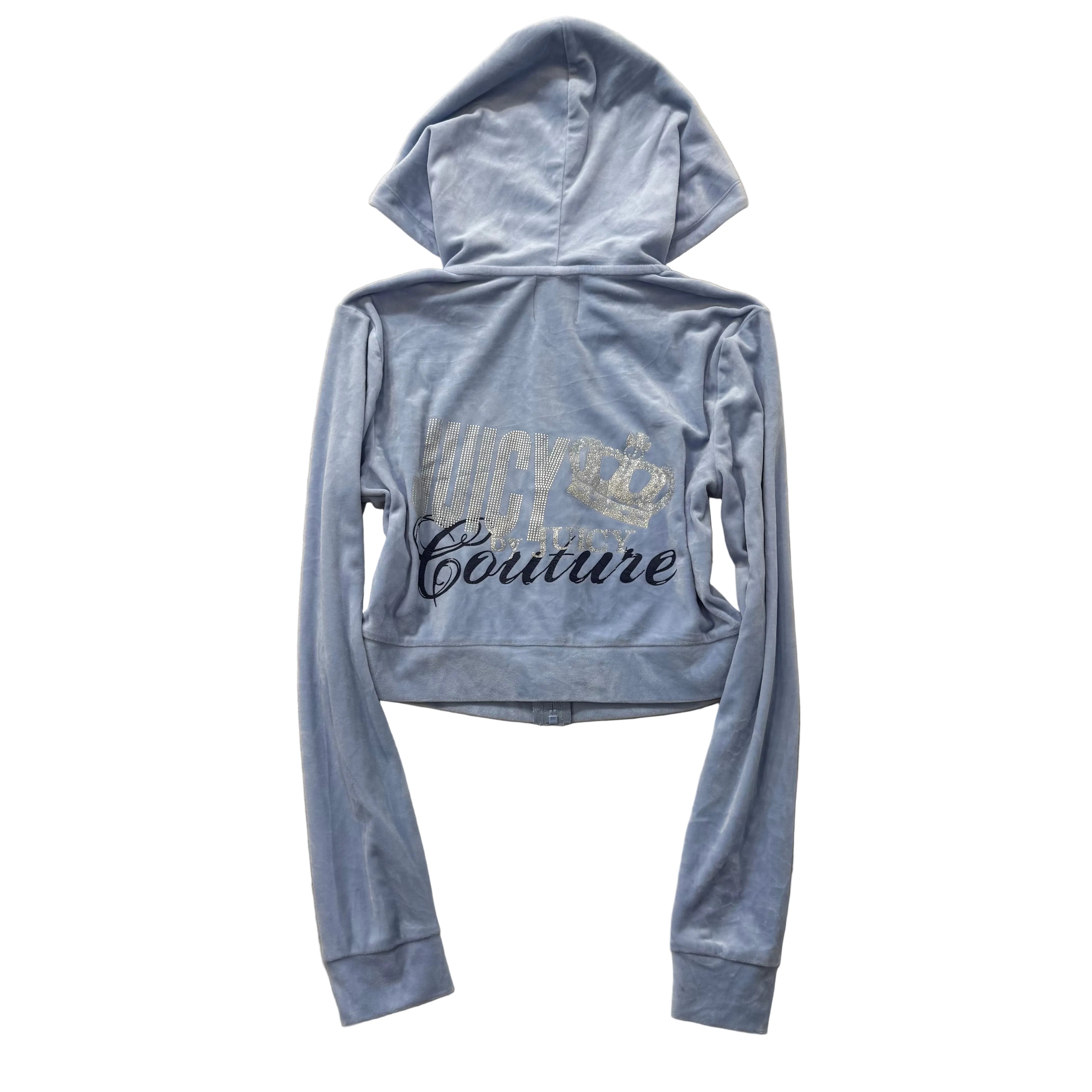 Juicy Couture Women Powder Blue Velour Zip Up Cropped Hoodie Graphic Logo Size S-Coordom