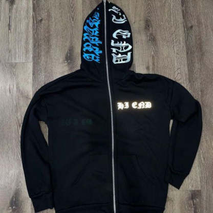 Retro casual personality letter pattern printing full zipper hoodie-Coordom