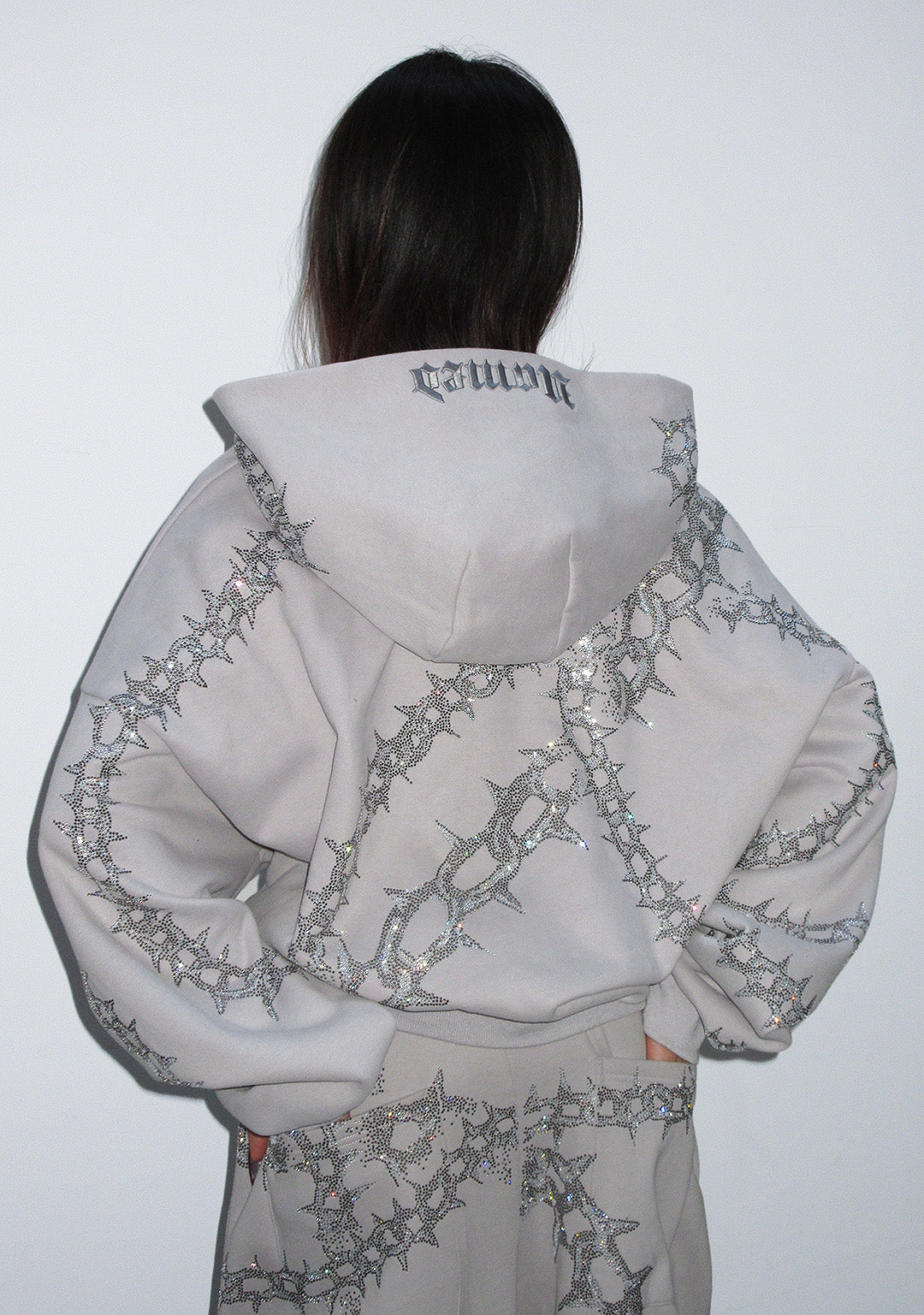  RHINESTONE ZIP HOODIE SMOKE GREY-Coordom