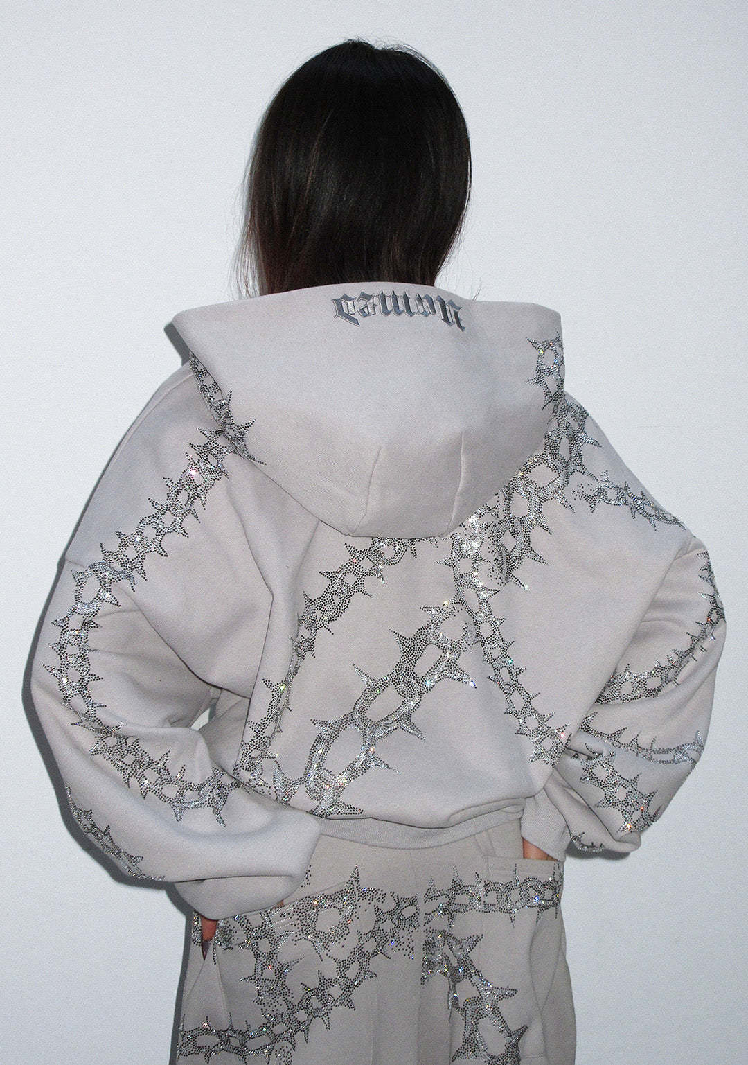  RHINESTONE ZIP HOODIE SMOKE GREY-Coordom