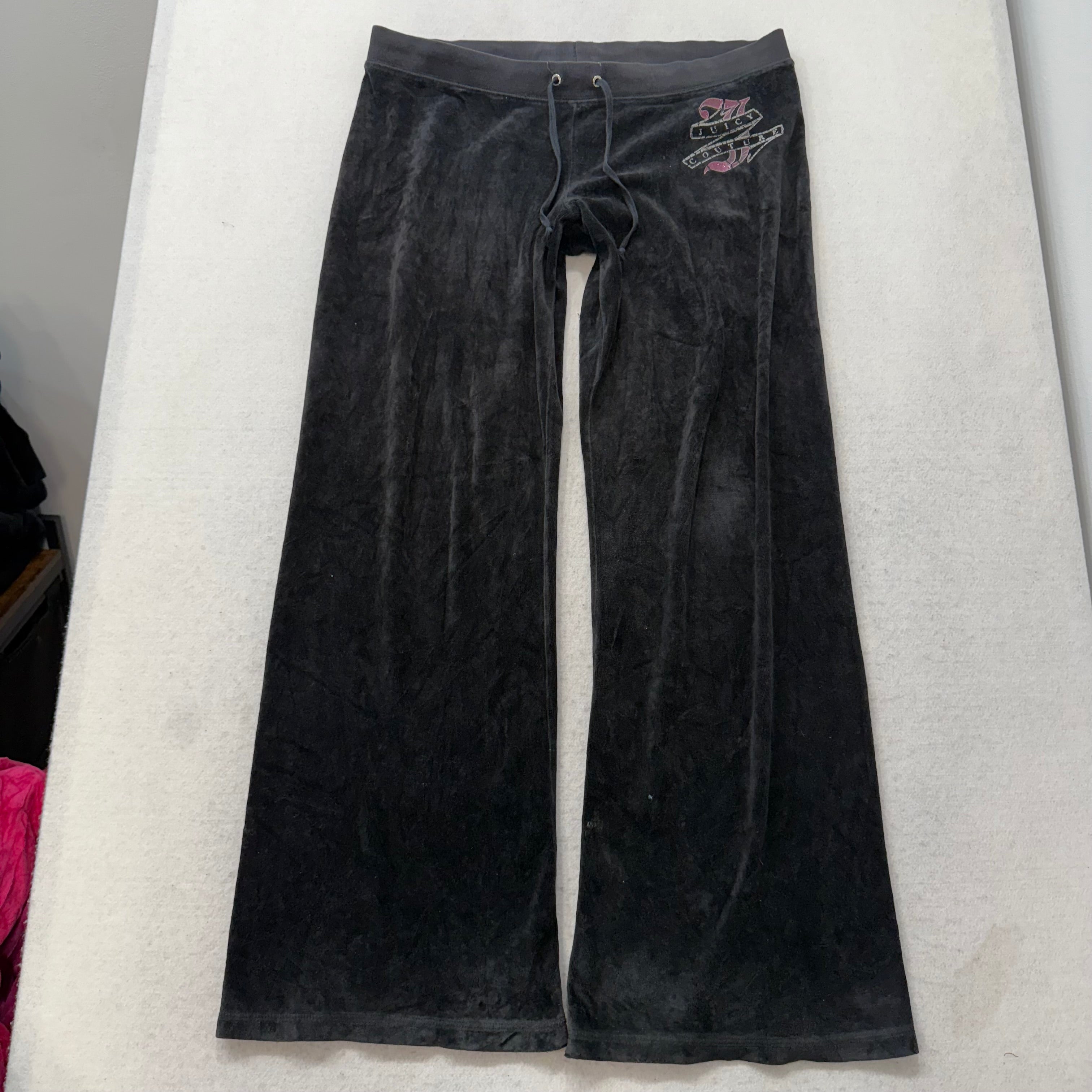 Juicy Couture Black Velour Tracksuit Set Zip Up Hoodie & Flared Pant Logo Size L-Coordom