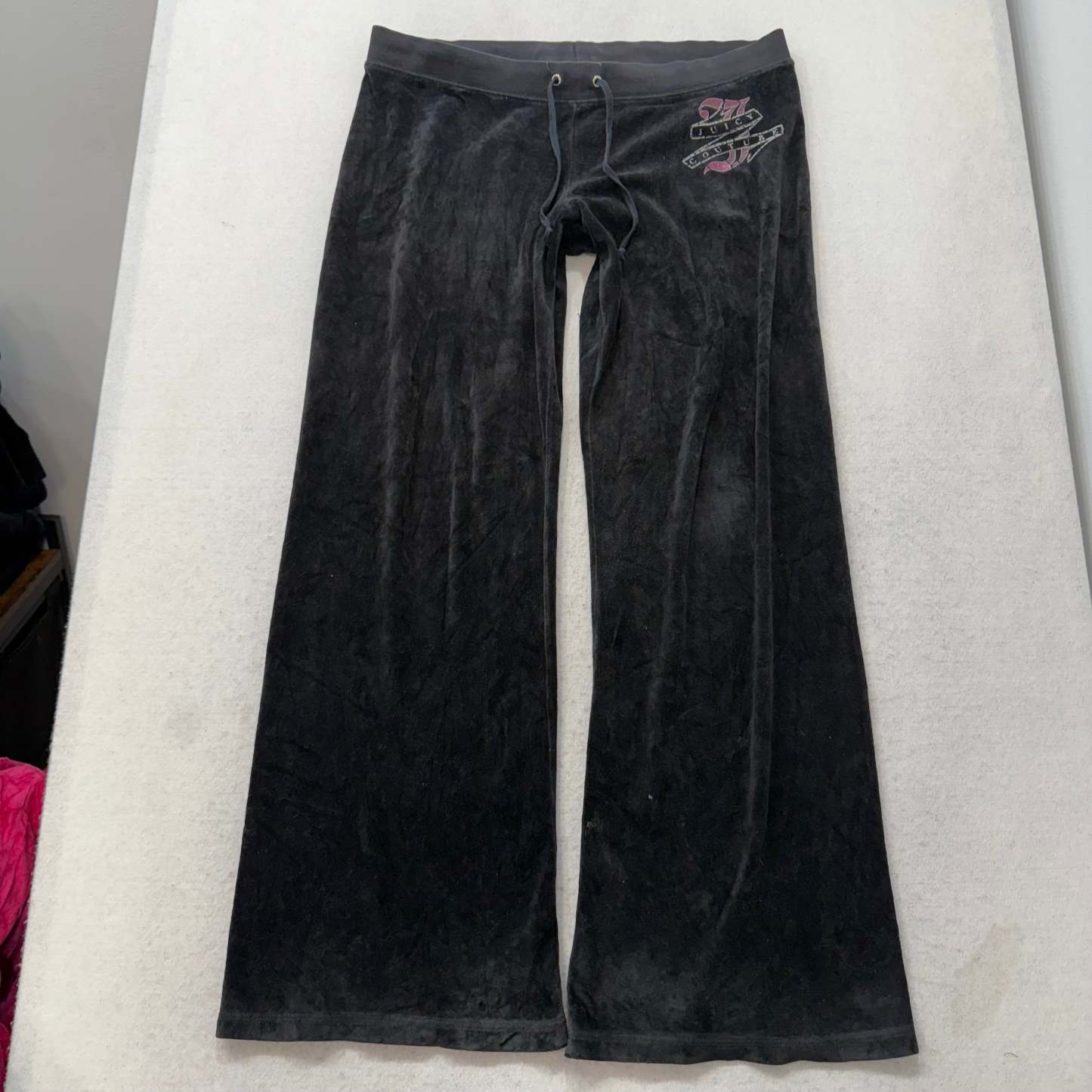 Juicy Couture Black Velour Tracksuit Set Zip Up Hoodie & Flared Pant Logo Size L-Coordom
