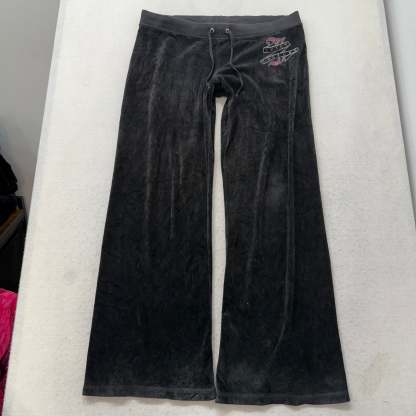 Juicy Couture Black Velour Tracksuit Set Zip Up Hoodie & Flared Pant Logo Size L-Coordom