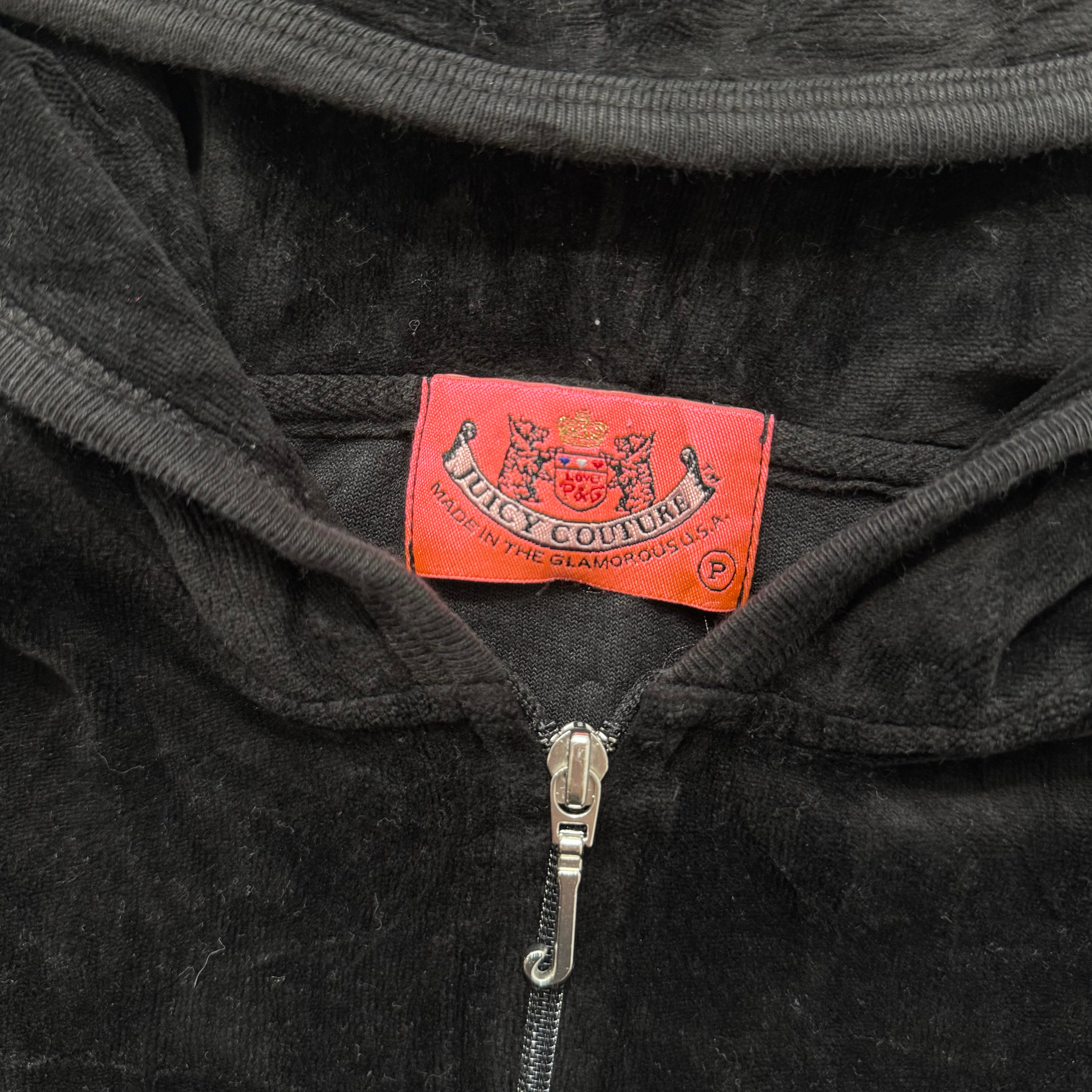 2003 Vintage Juicy Couture Women's Black Velour Zip-Up Cropped Hoodie Y2k Size P-Coordom