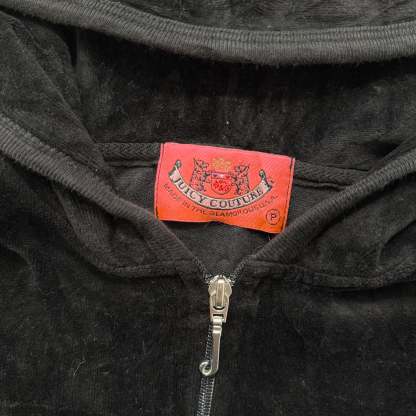 2003 Vintage Juicy Couture Women's Black Velour Zip-Up Cropped Hoodie Y2k Size P-Coordom