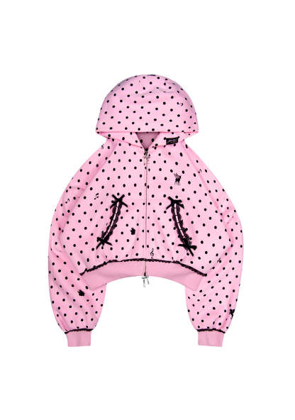 NOVA POLKA DOT CROP ZIP HOODIE BABY PINK-Coordom