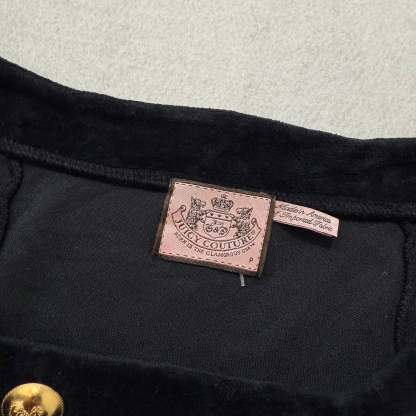 Juicy Couture Women's Black Velour Long Sleeve Dress Gold Crest Buttons Size P-Coordom