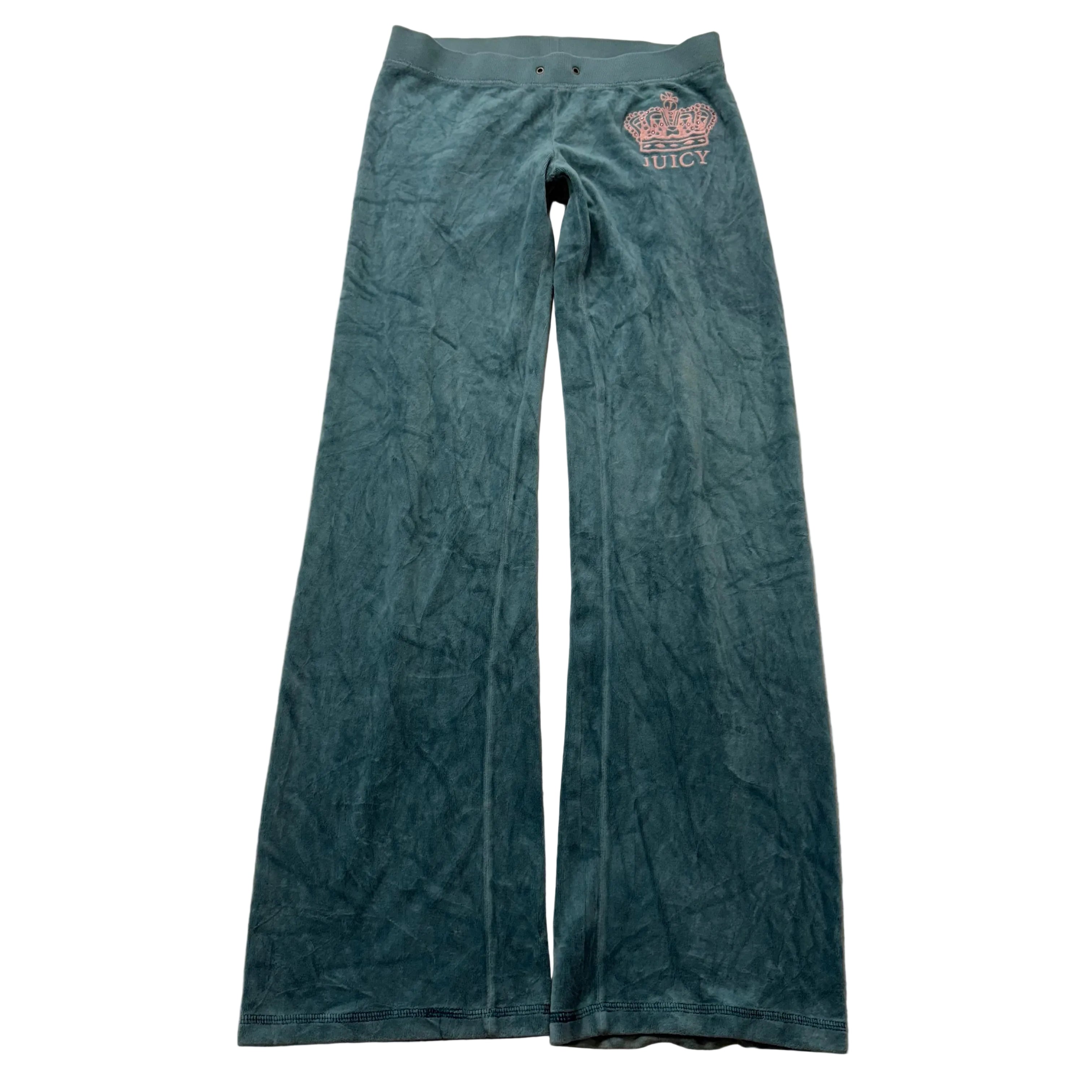 Juicy Couture Women's Winter Teal Velour Flared Track Pant Crown Logo Y2K Size P-Coordom