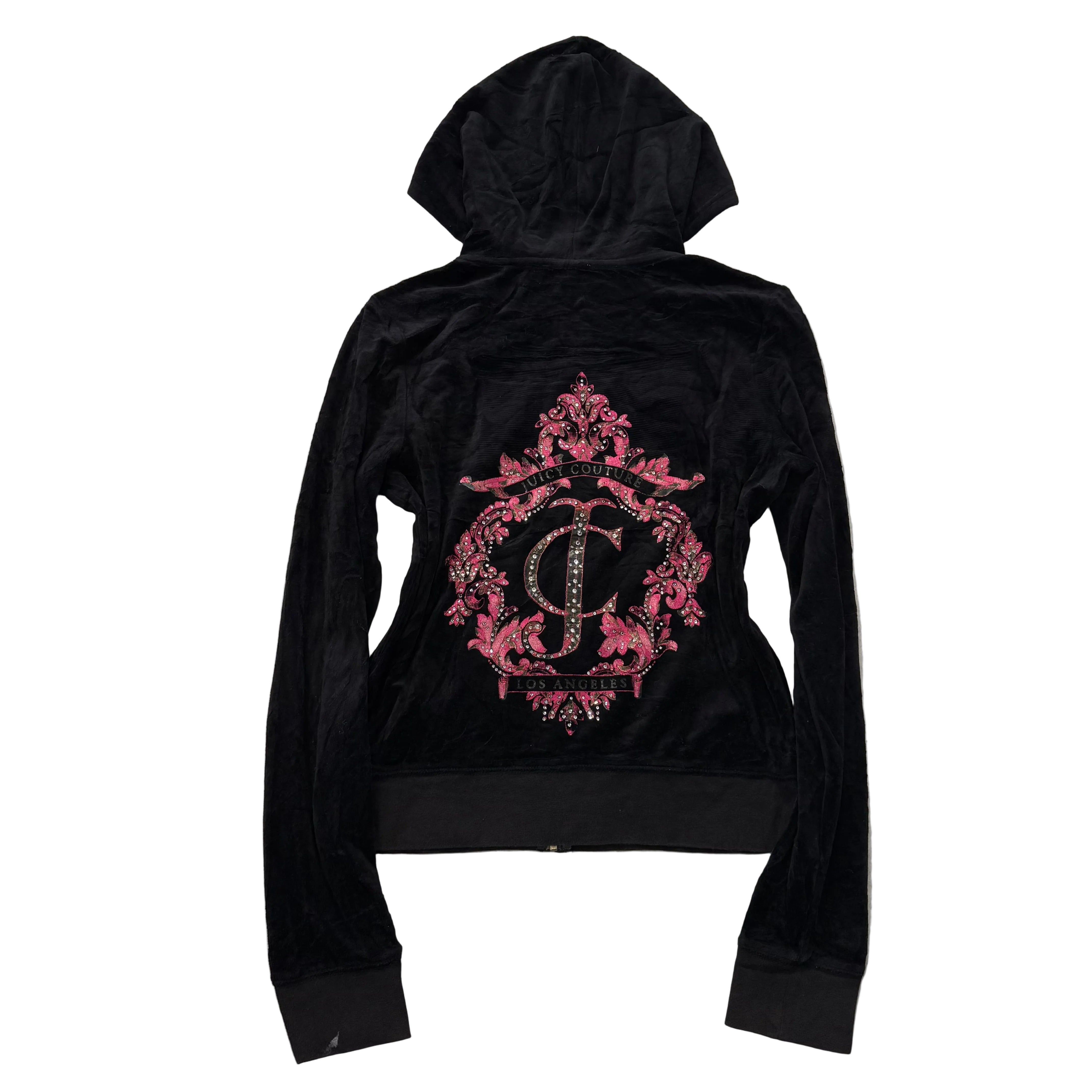 Juicy Couture Los Angeles Women's Black Velour Zip-Up Hoodie Crest logo Size L-Coordom