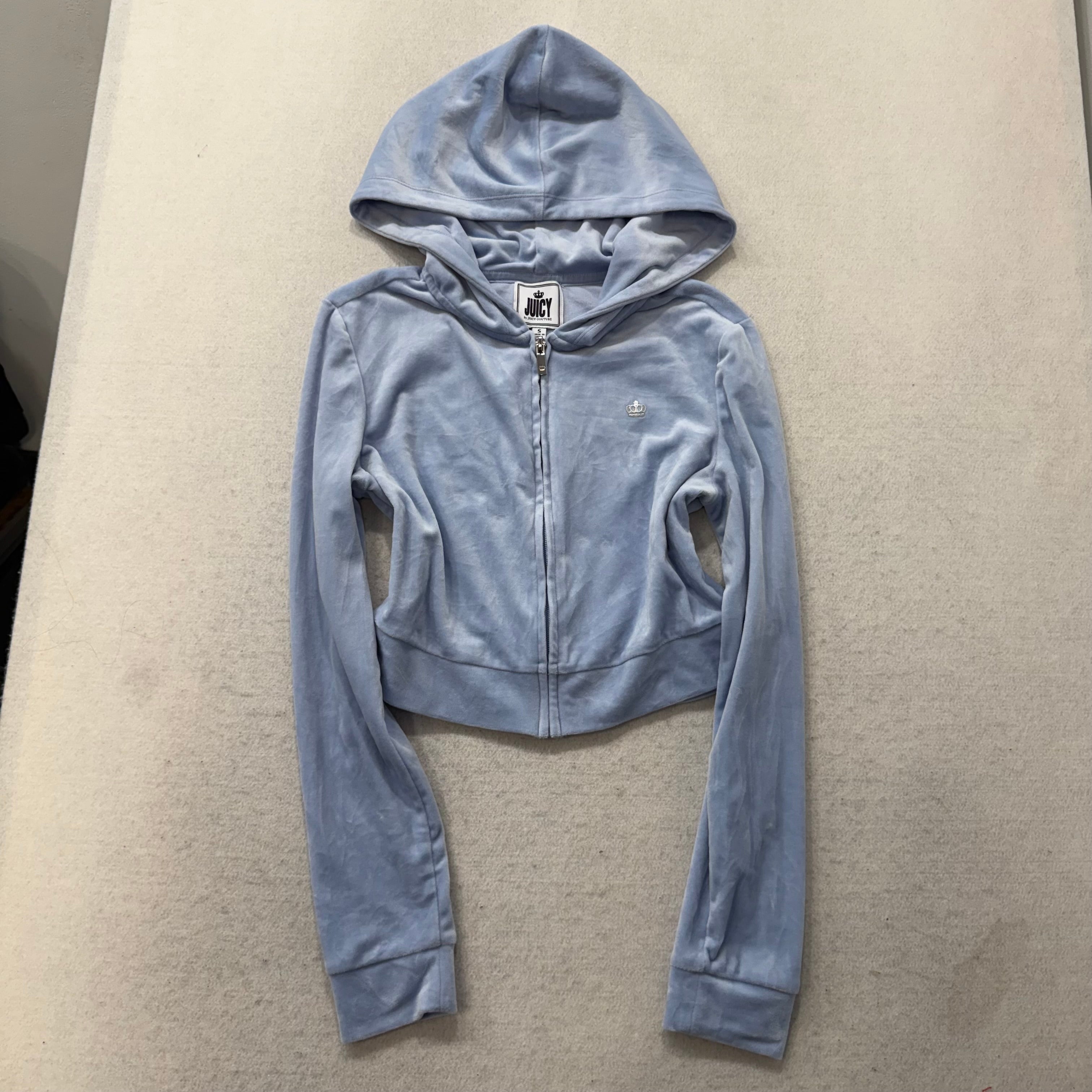 Juicy Couture Women Powder Blue Velour Zip Up Cropped Hoodie Graphic Logo Size S-Coordom