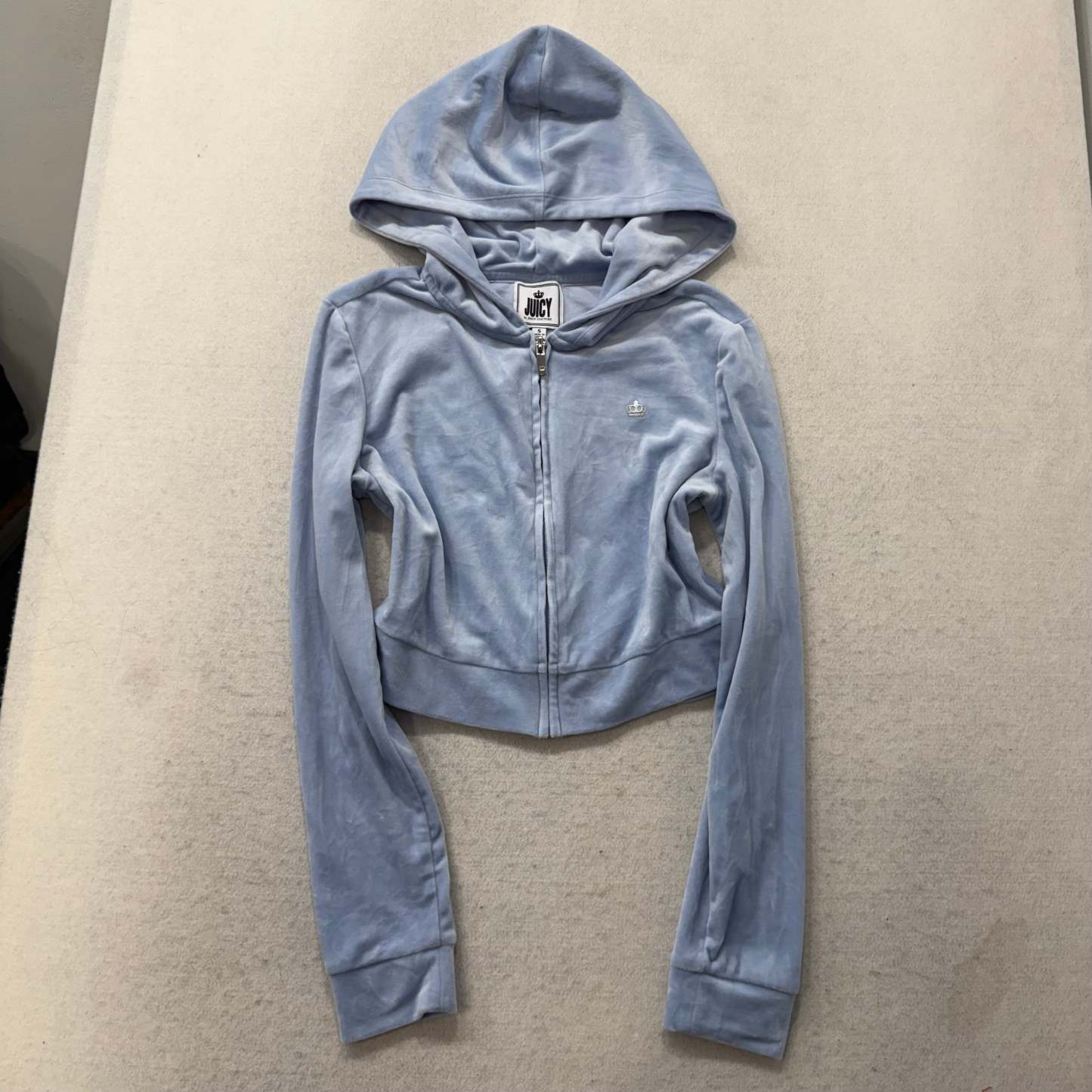Juicy Couture Women Powder Blue Velour Zip Up Cropped Hoodie Graphic Logo Size S-Coordom