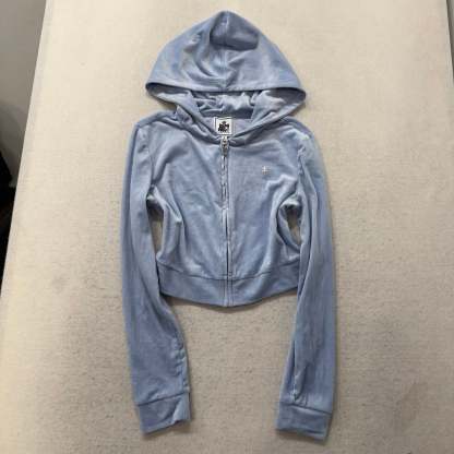 Juicy Couture Women Powder Blue Velour Zip Up Cropped Hoodie Graphic Logo Size S-Coordom