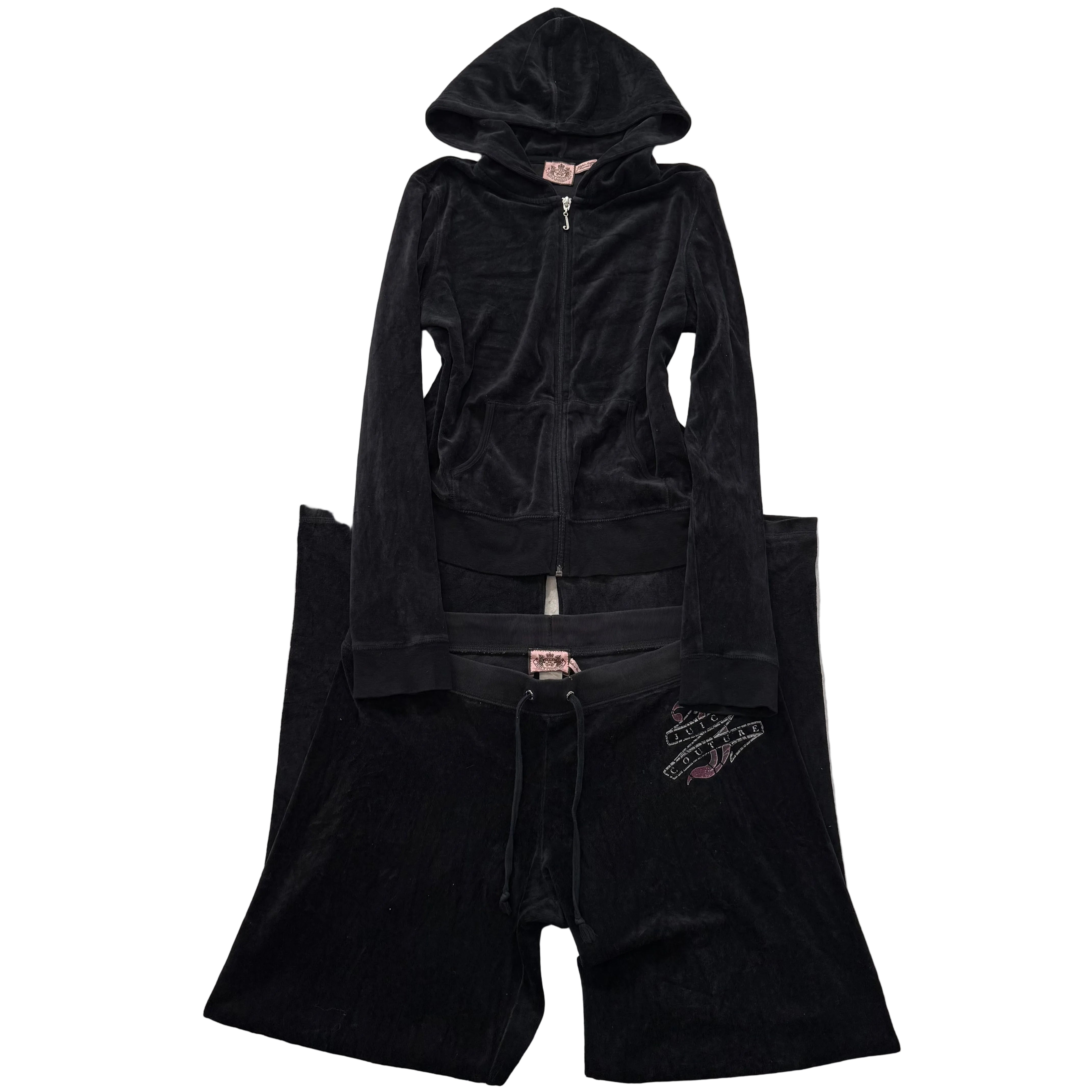 Juicy Couture Black Velour Tracksuit Set Zip Up Hoodie & Flared Pant Logo Size L-Coordom