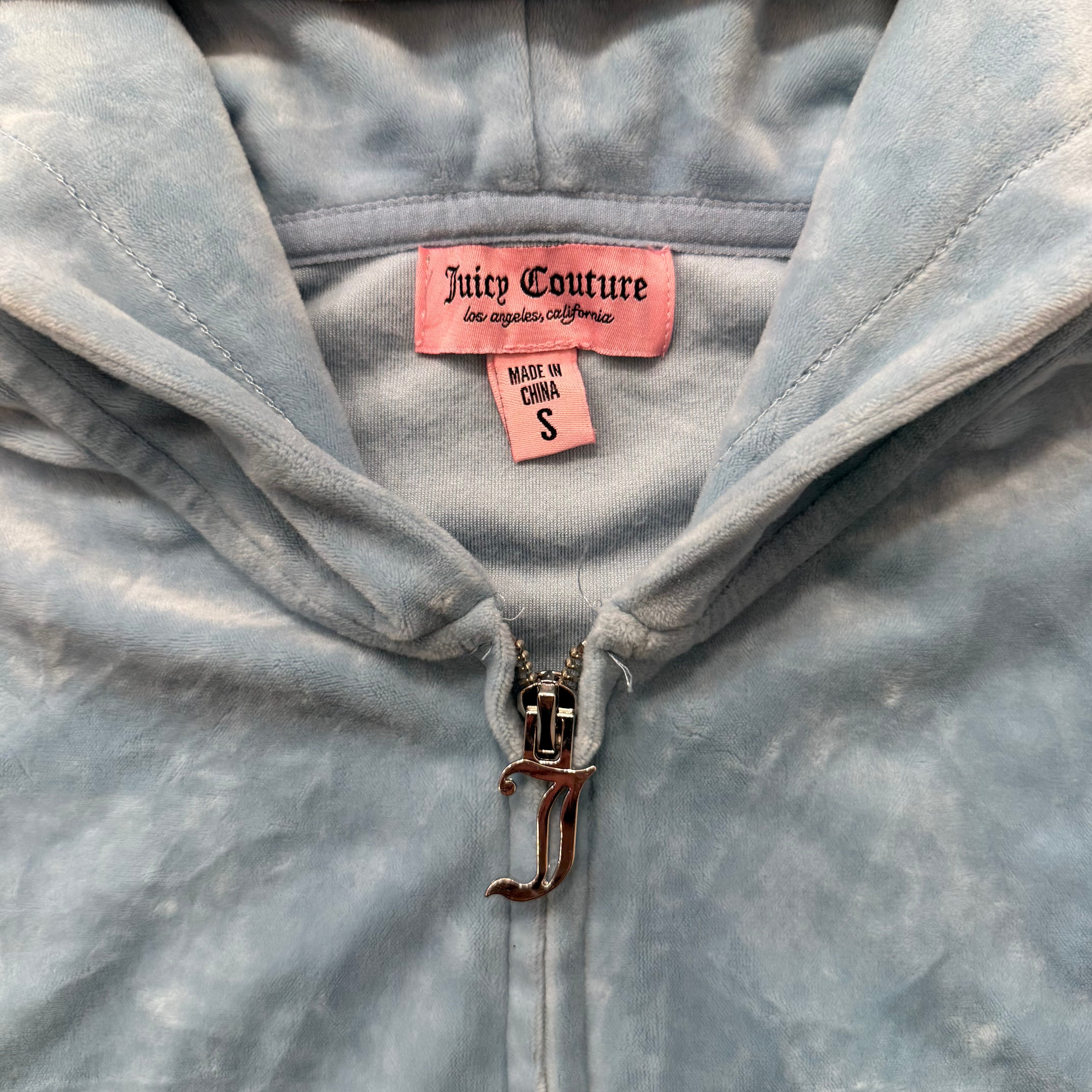 Juicy Couture Women's Light Blue Velour Zip-Up Cropped Hoodie Rhinestones Size S-Coordom