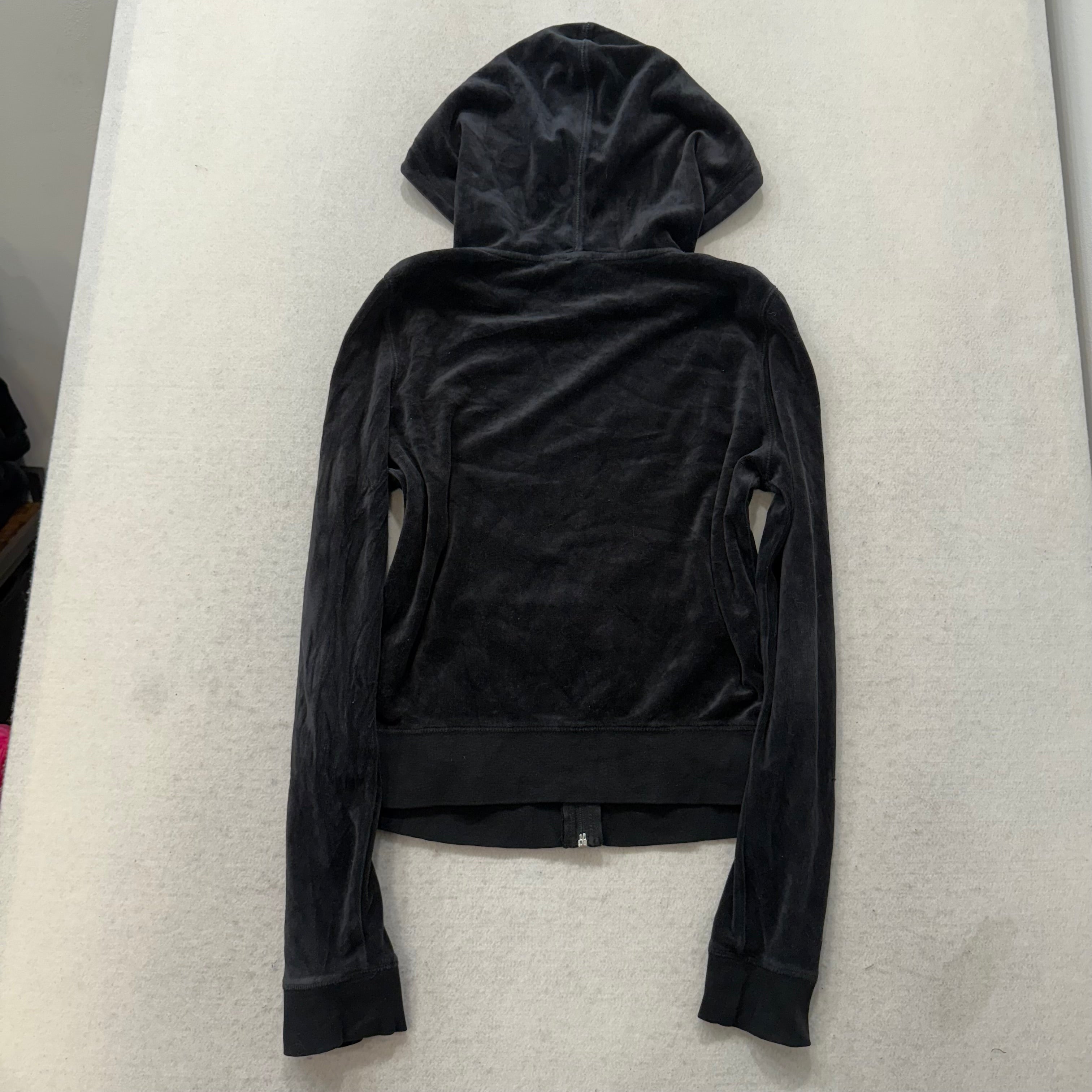Juicy Couture Black Velour Tracksuit Set Zip Up Hoodie & Flared Pant Logo Size L-Coordom