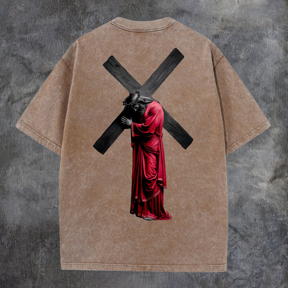 Cross - Bearing Figure Washed T-Shirt-Coordom