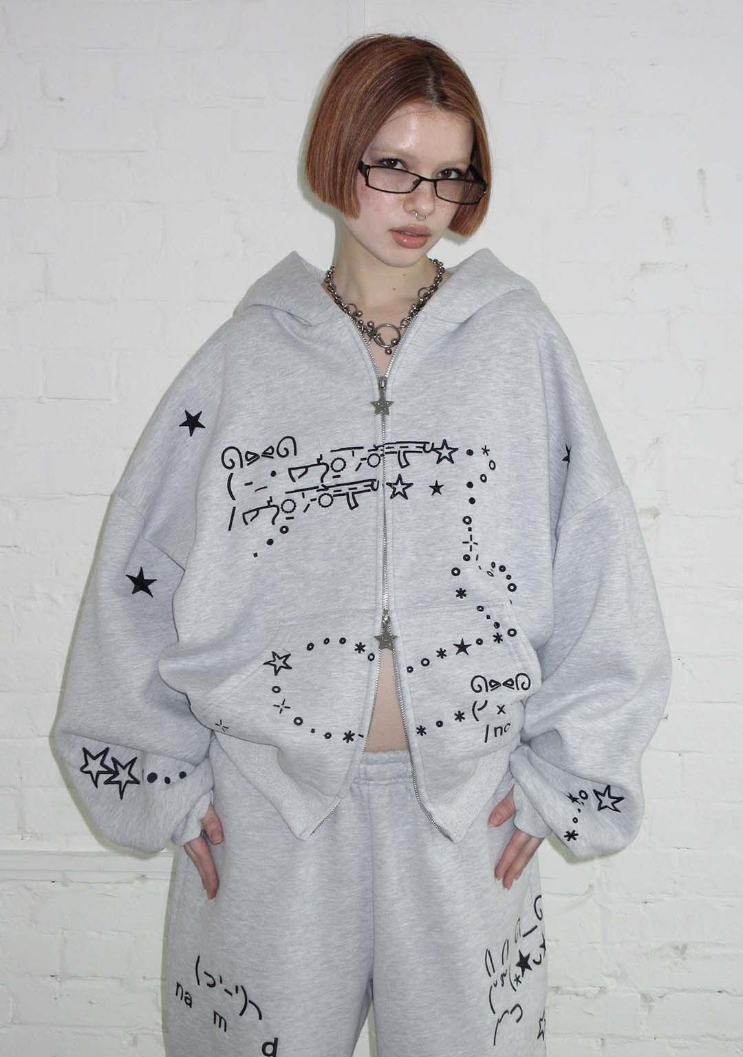 MALFUNCTION BUNNY ZIP HOODIE GREY MARL (DETACHABLE EARS)-Coordom