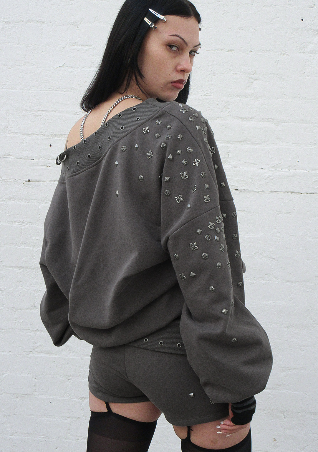 MIDNIGHT STUDDED OFF THE SHOULDER SWEATER CHARCOAL-Coordom