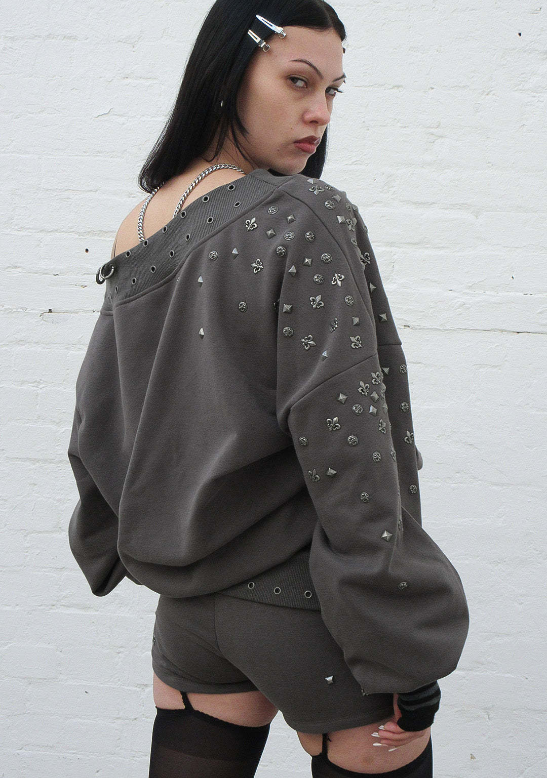MIDNIGHT STUDDED OFF THE SHOULDER SWEATER CHARCOAL-Coordom