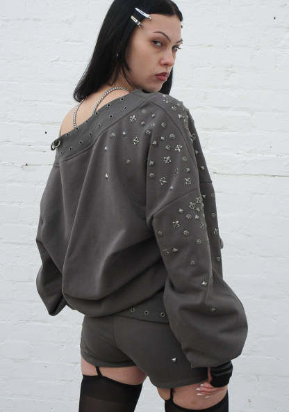 MIDNIGHT STUDDED OFF THE SHOULDER SWEATER CHARCOAL-Coordom