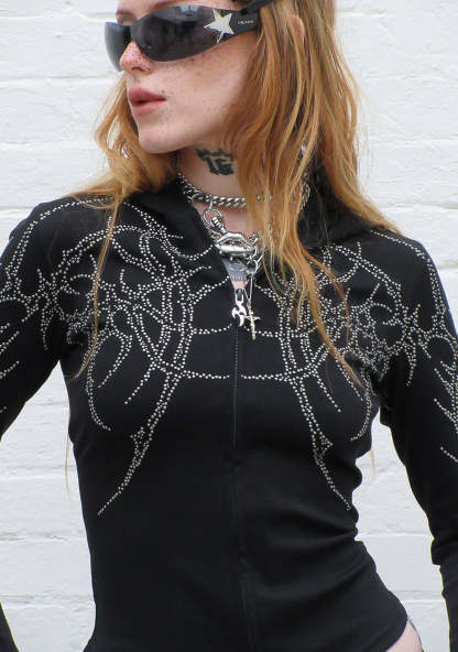 HAUNT STUDDED SCULPT STRETCH ZIP HOODIE BLACK-Coordom