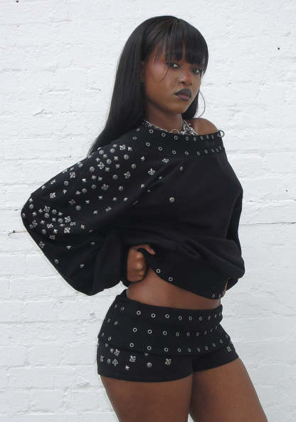 MIDNIGHT STUDDED OFF THE SHOULDER SWEATER BLACK-Coordom