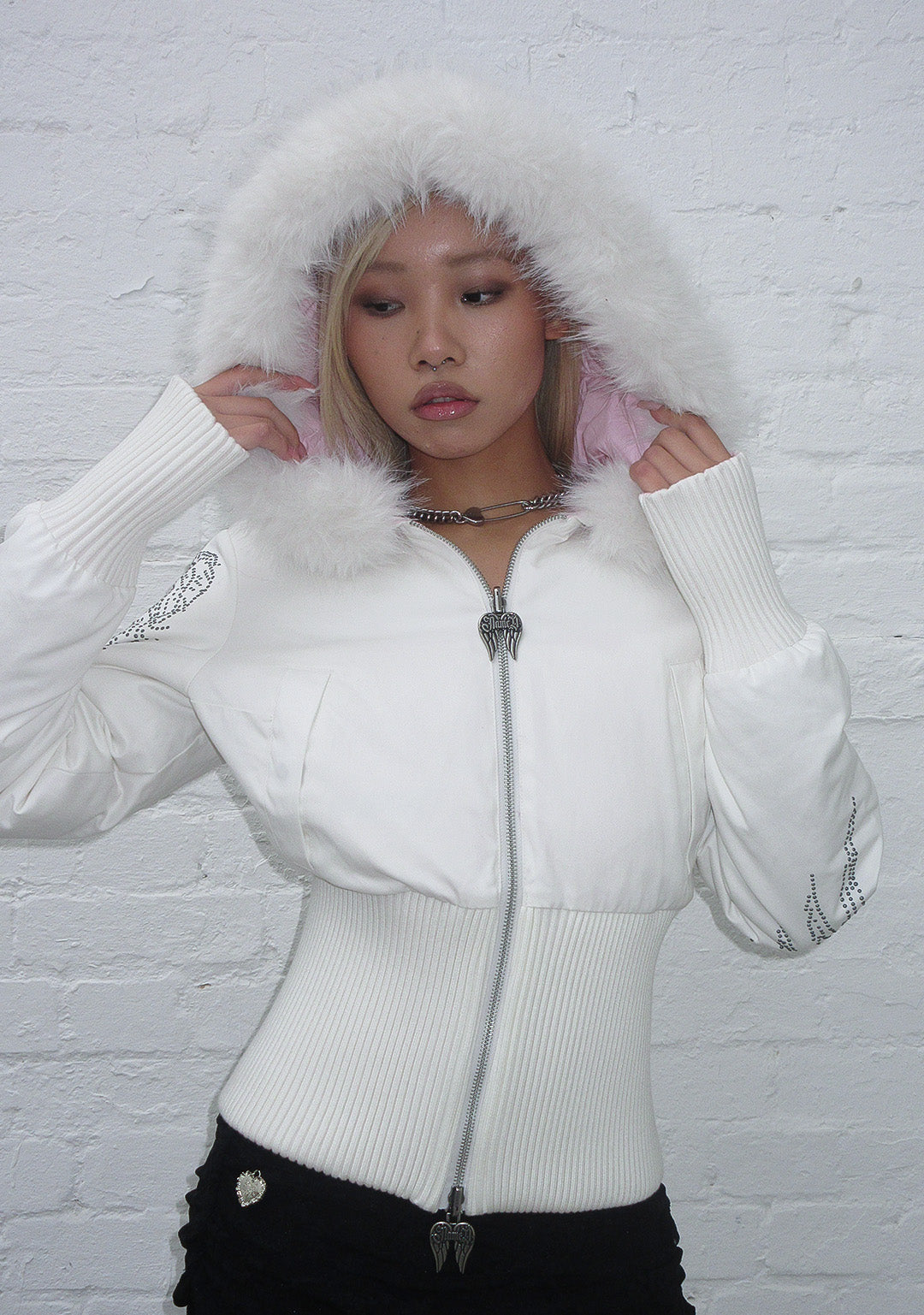 FALLEN FAUX FUR REVERSIBLE RIB PUFFER JACKET BABY PINK AND WHITE-Coordom