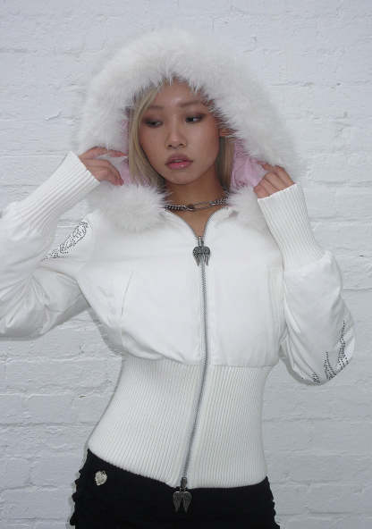 FALLEN FAUX FUR REVERSIBLE RIB PUFFER JACKET BABY PINK AND WHITE-Coordom