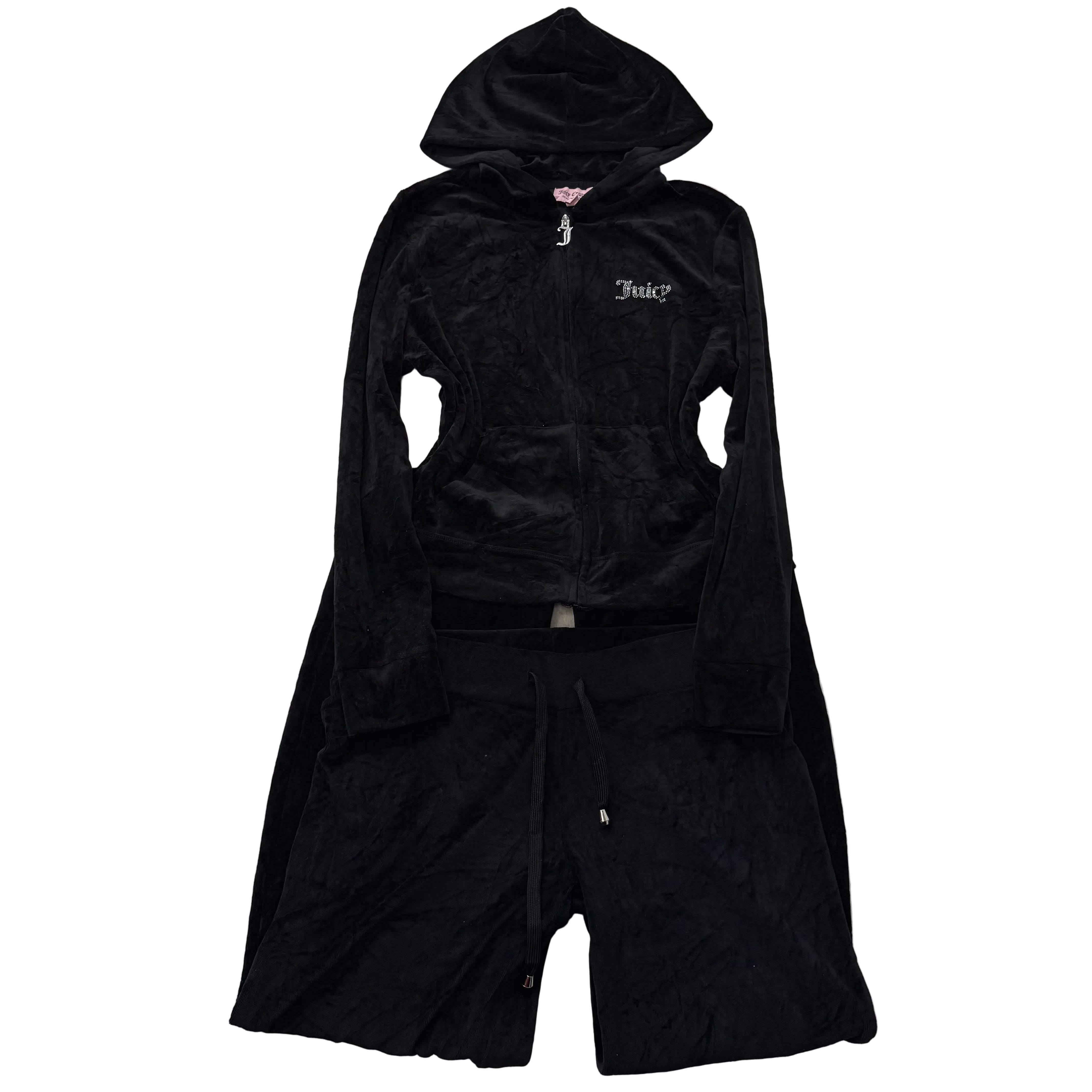 Juicy Couture Jet Black Velour Tracksuit Set Zip Up Hoodie & Flared Pant Size L-Coordom