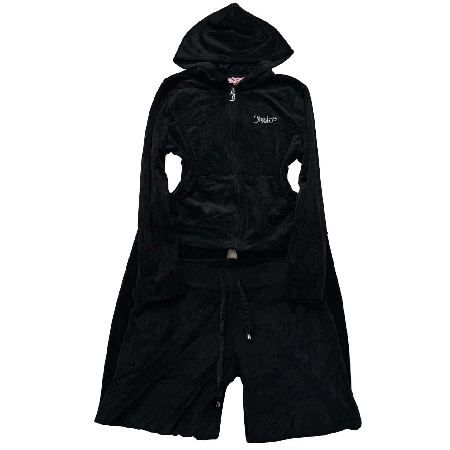 Juicy Couture Jet Black Velour Tracksuit Set Zip Up Hoodie & Flared Pant Size L-Coordom