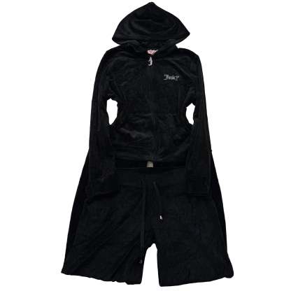 Juicy Couture Jet Black Velour Tracksuit Set Zip Up Hoodie & Flared Pant Size L-Coordom
