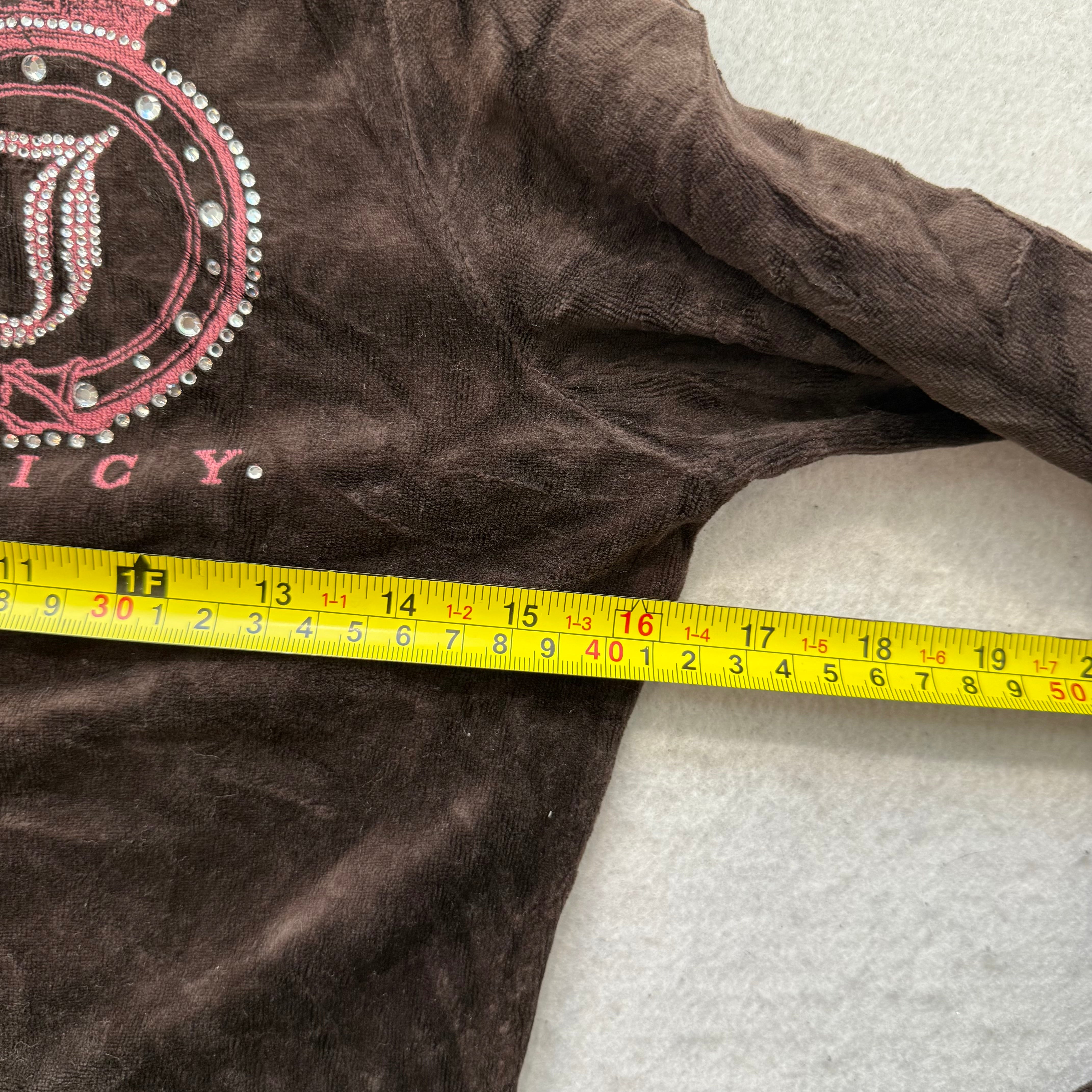 Vintage Juicy Couture Women's Brown Velour Zip Up Hoodie Rhinestones Logo Size S-Coordom