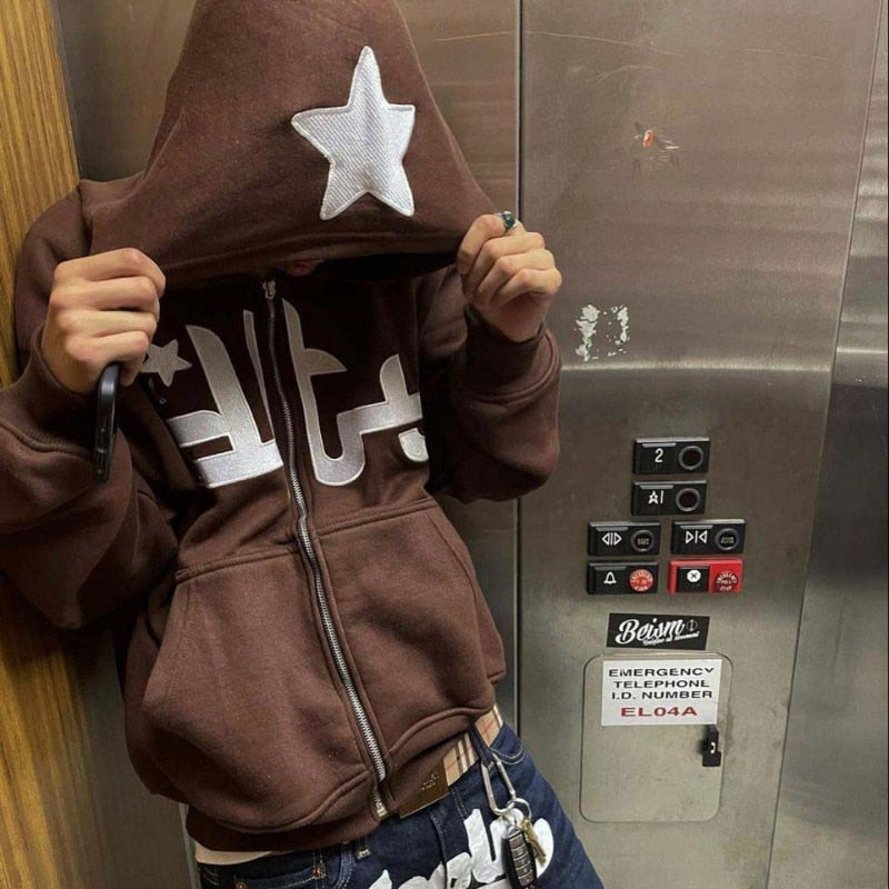 Star Hoodie Retro Zip Up-Coordom