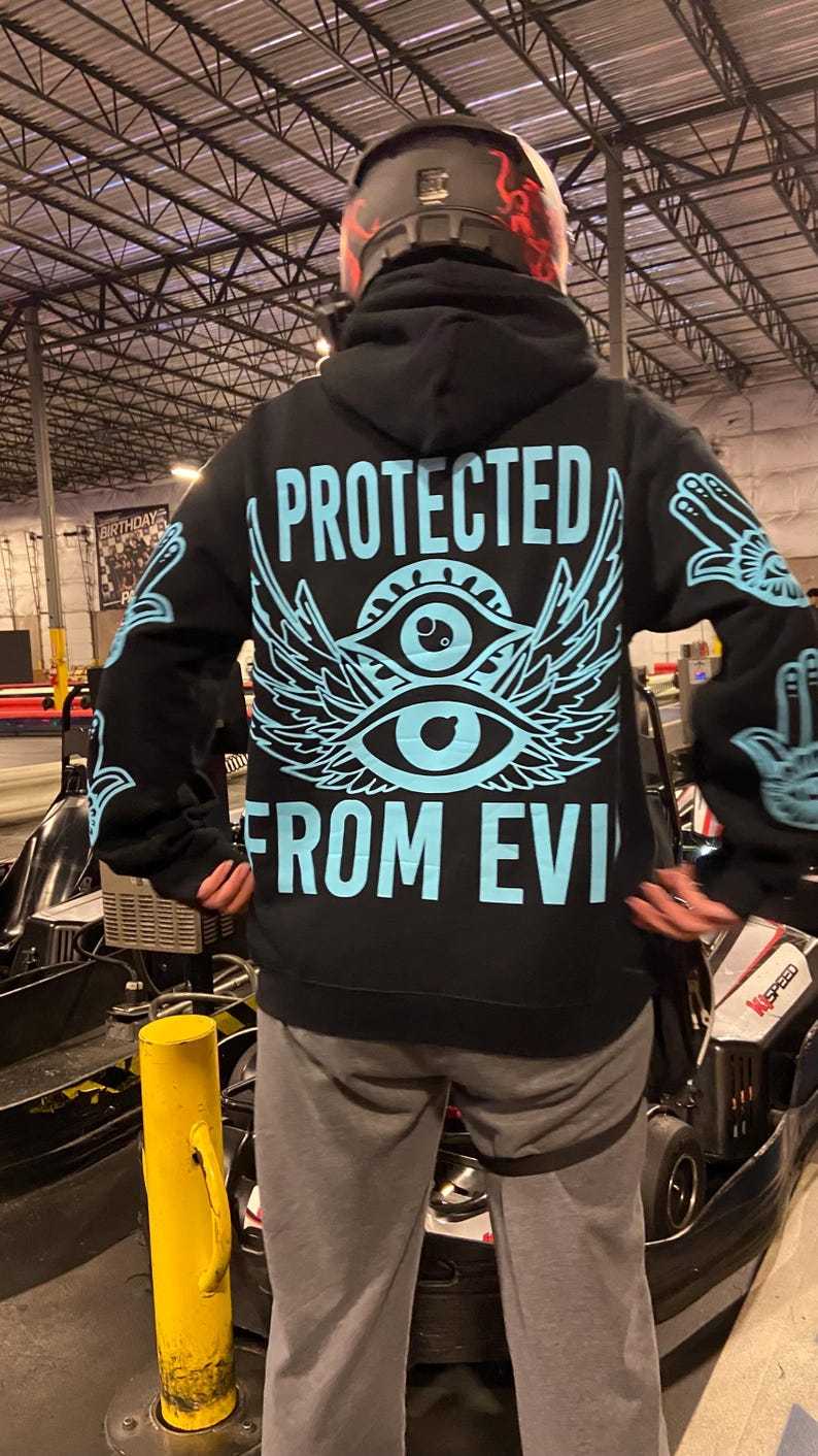Protected From Evil Blue Reflective Hoodie - loose fit unisex nighttime essential riding pullover-Coordom