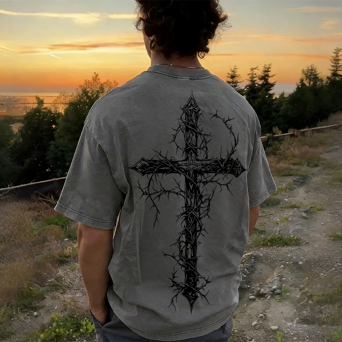 Thorned Cross Printed Men's Washed Tee-Coordom