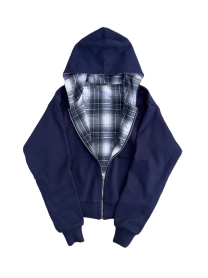 REVERSIBLE PLAID ZIP HOODIE|Streetwear Oversized Vintage Casual Wear-Coordom