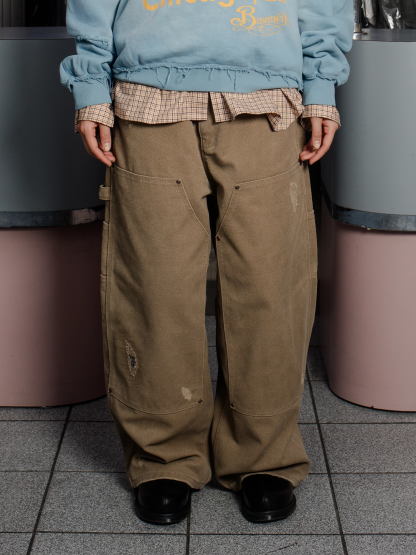 DISTRESSED DOUBLE-KNEE WORKWEAR PANTS-Coordom