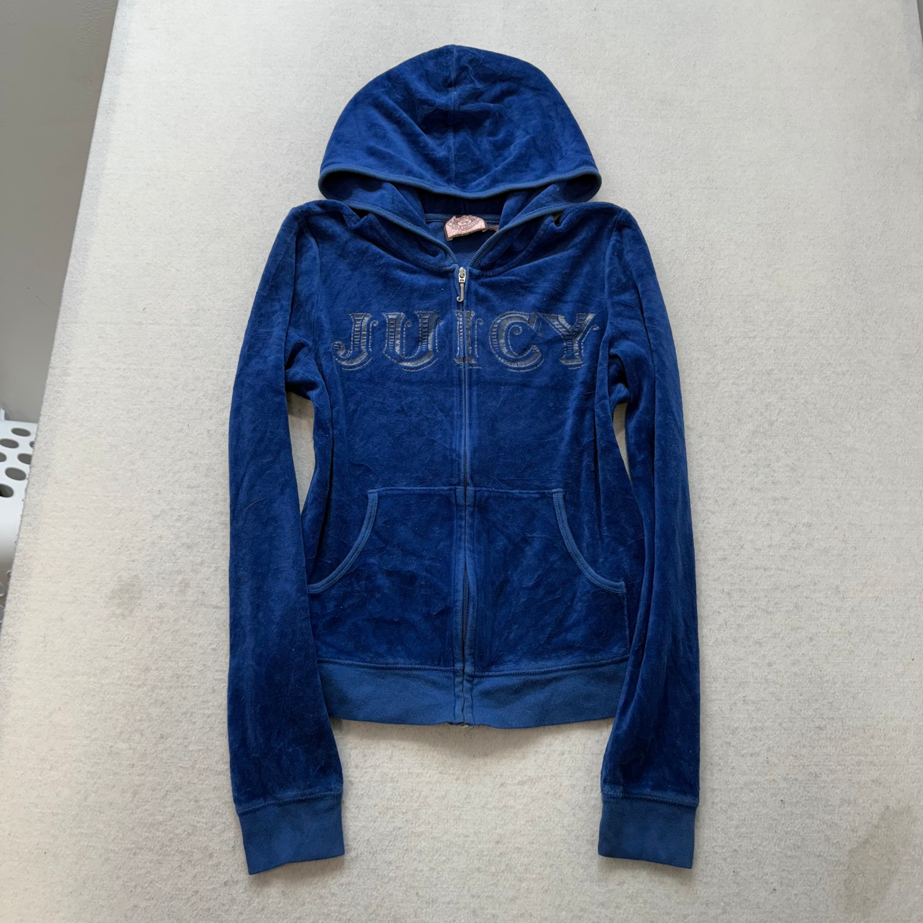 Vintage Juicy Couture Womens Royal Blue Velour Zip Up Hoodie Graphic Logo Size L-Coordom
