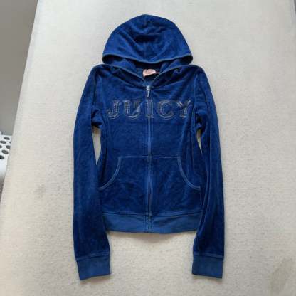 Vintage Juicy Couture Womens Royal Blue Velour Zip Up Hoodie Graphic Logo Size L-Coordom