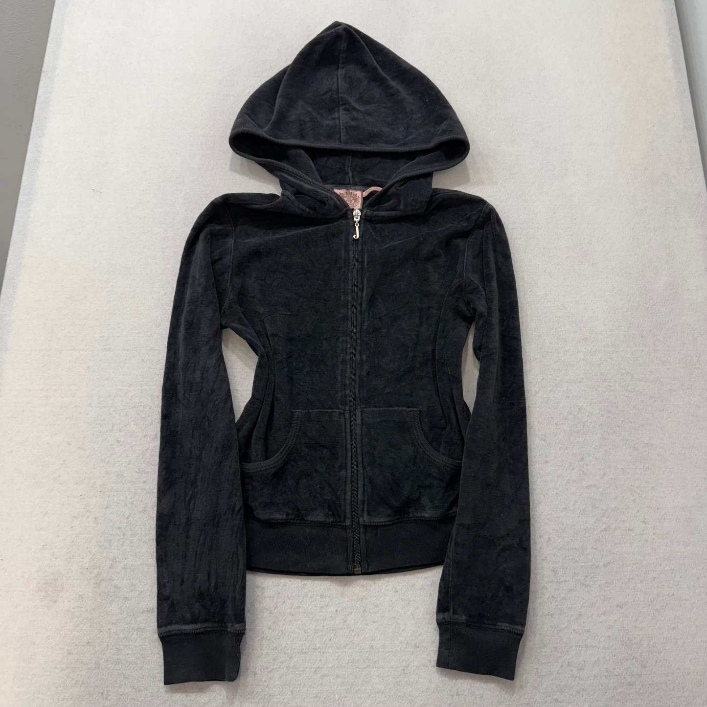 Juicy Couture Black Velour Tracksuit Set Zip Up Hoodie & Flared Pant Logo Size S-Coordom