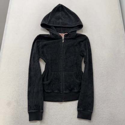 Juicy Couture Black Velour Tracksuit Set Zip Up Hoodie & Flared Pant Logo Size S-Coordom