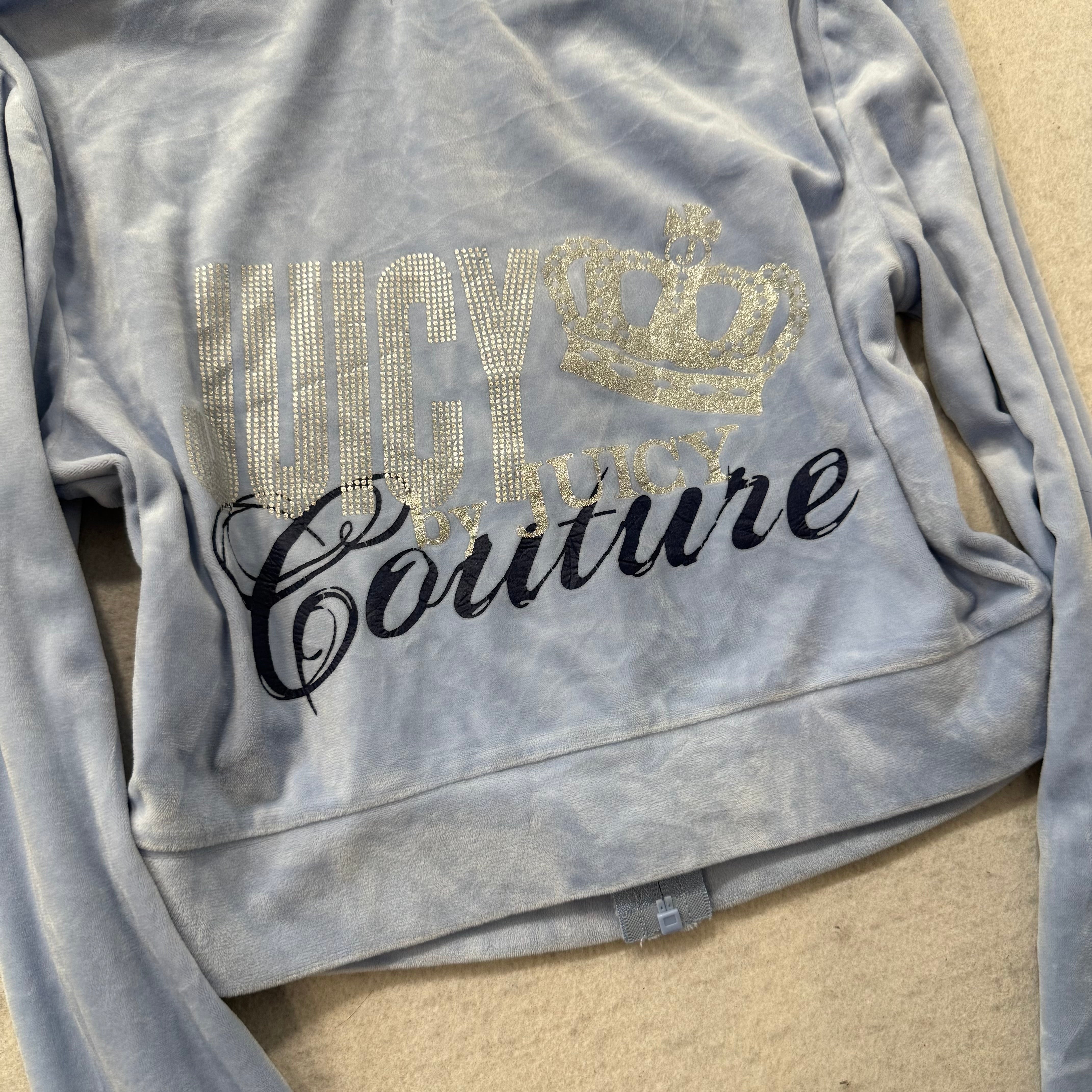 Juicy Couture Women Powder Blue Velour Zip Up Cropped Hoodie Graphic Logo Size S-Coordom