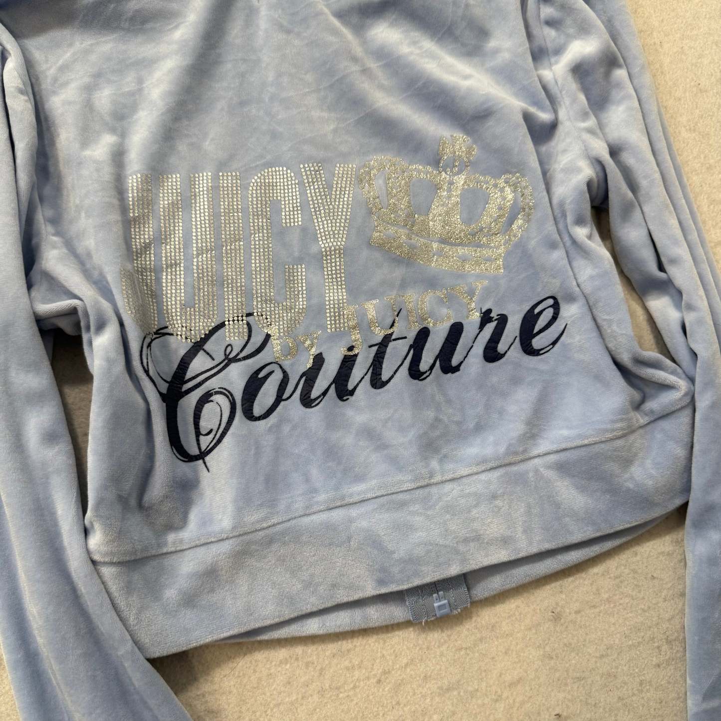 Juicy Couture Women Powder Blue Velour Zip Up Cropped Hoodie Graphic Logo Size S-Coordom