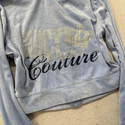 Juicy Couture Women Powder Blue Velour Zip Up Cropped Hoodie Graphic Logo Size S-Coordom