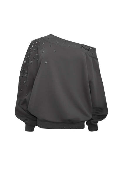MIDNIGHT STUDDED OFF THE SHOULDER SWEATER CHARCOAL-Coordom