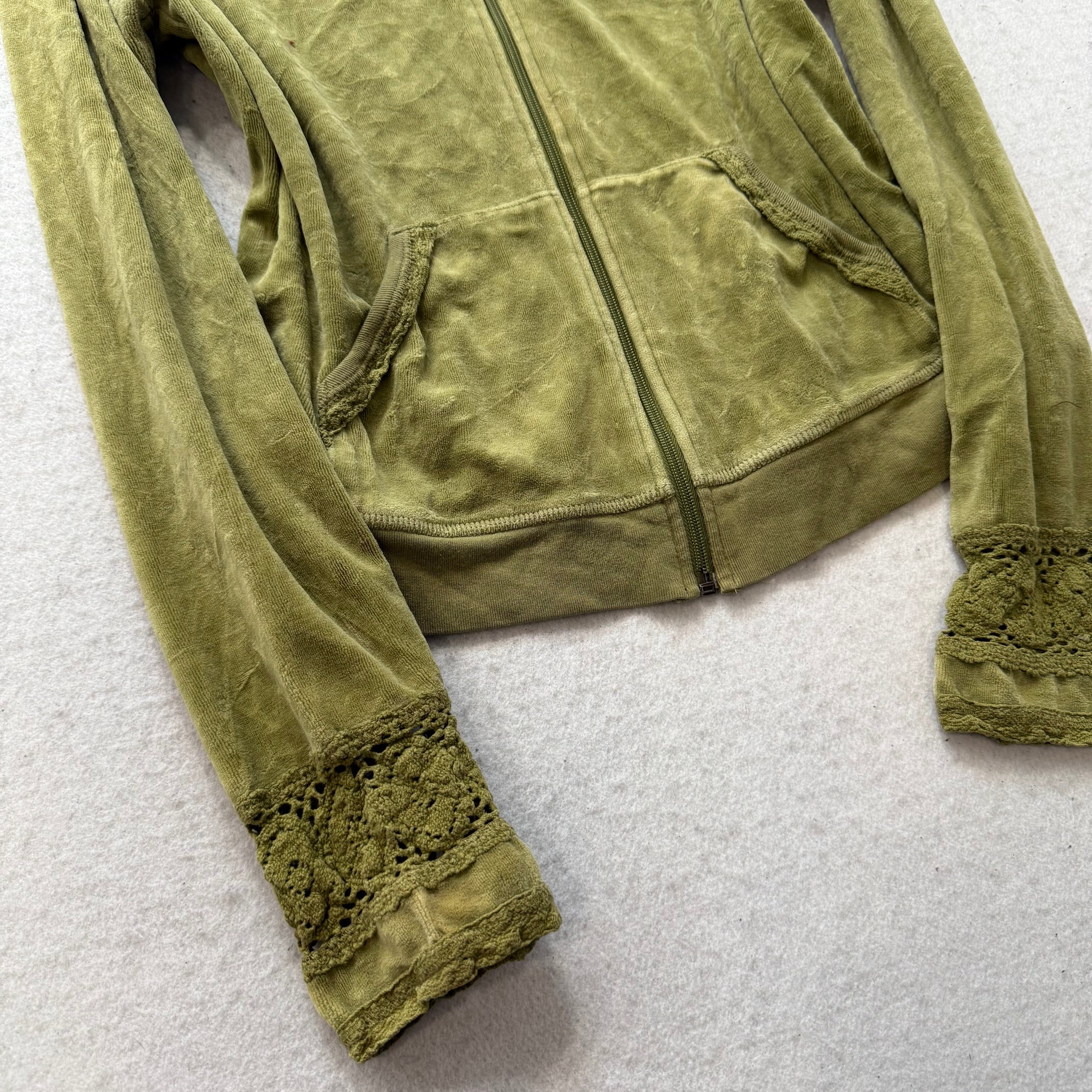 2003 Vintage Juicy Couture Women's Olive Green Velour Hoodie Lace Cuffs Size M-Coordom