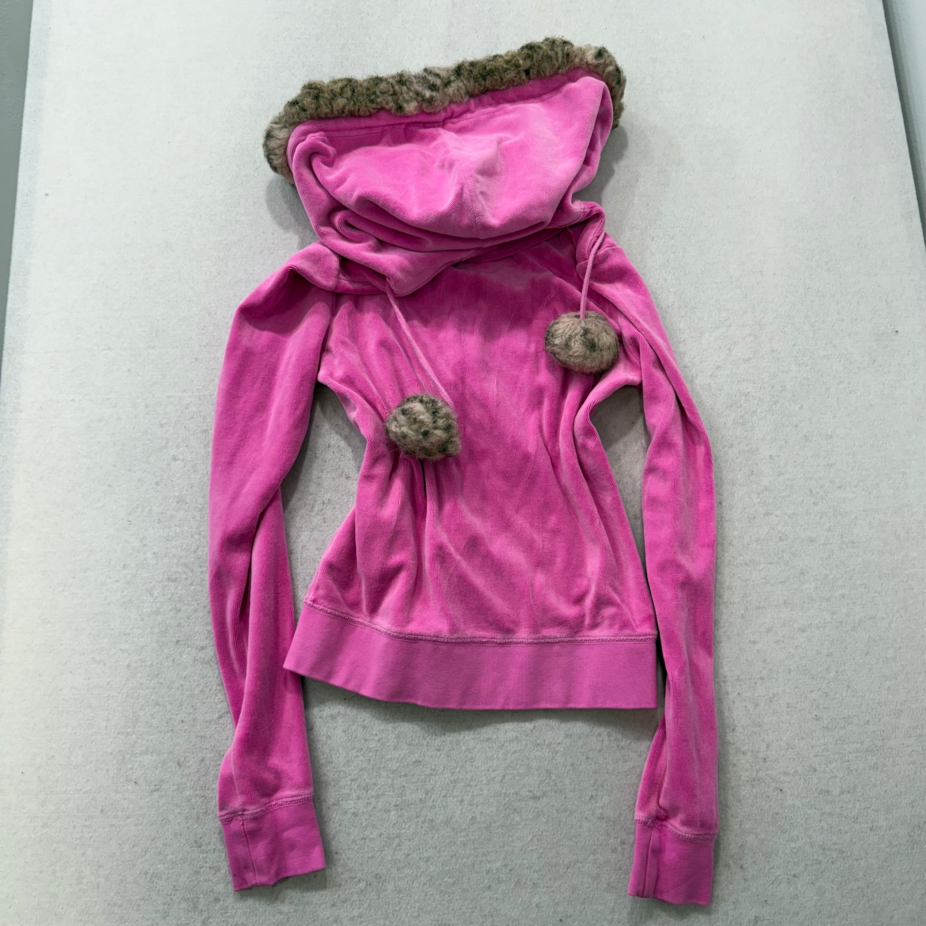 Juicy Couture Hot Pink Velour Zip-Up Hoodie Faux Fur Hood with Pom-Poms Size S-Coordom