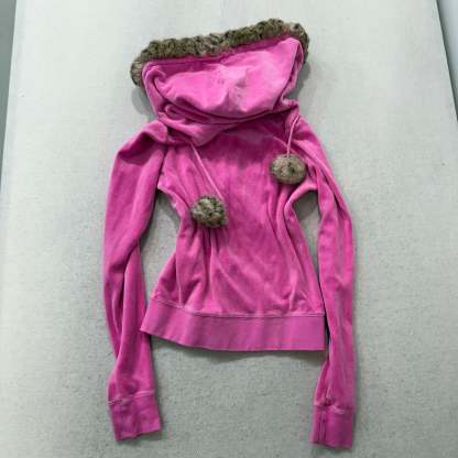 Juicy Couture Hot Pink Velour Zip-Up Hoodie Faux Fur Hood with Pom-Poms Size S-Coordom